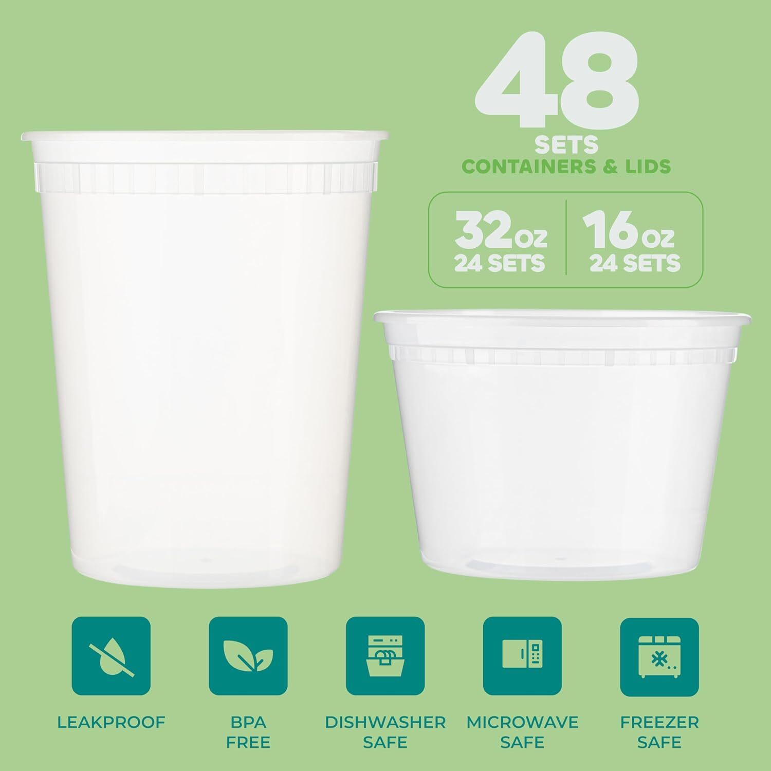 Food container with 54 lids -24-32 oz quart size and 24-16 oz pint size