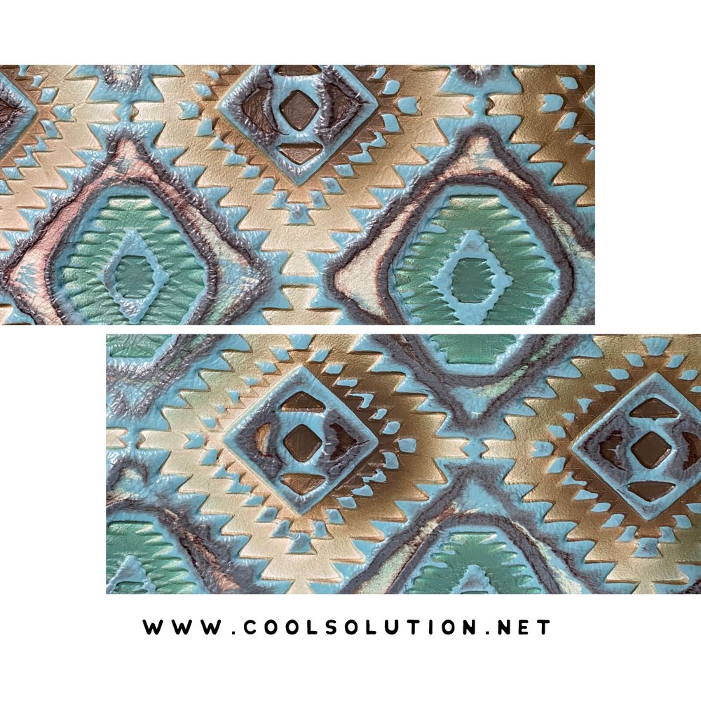 Embossed Leather Aztec Cyan Hand-painted, Custom Cuts, Leather Sheets by Size