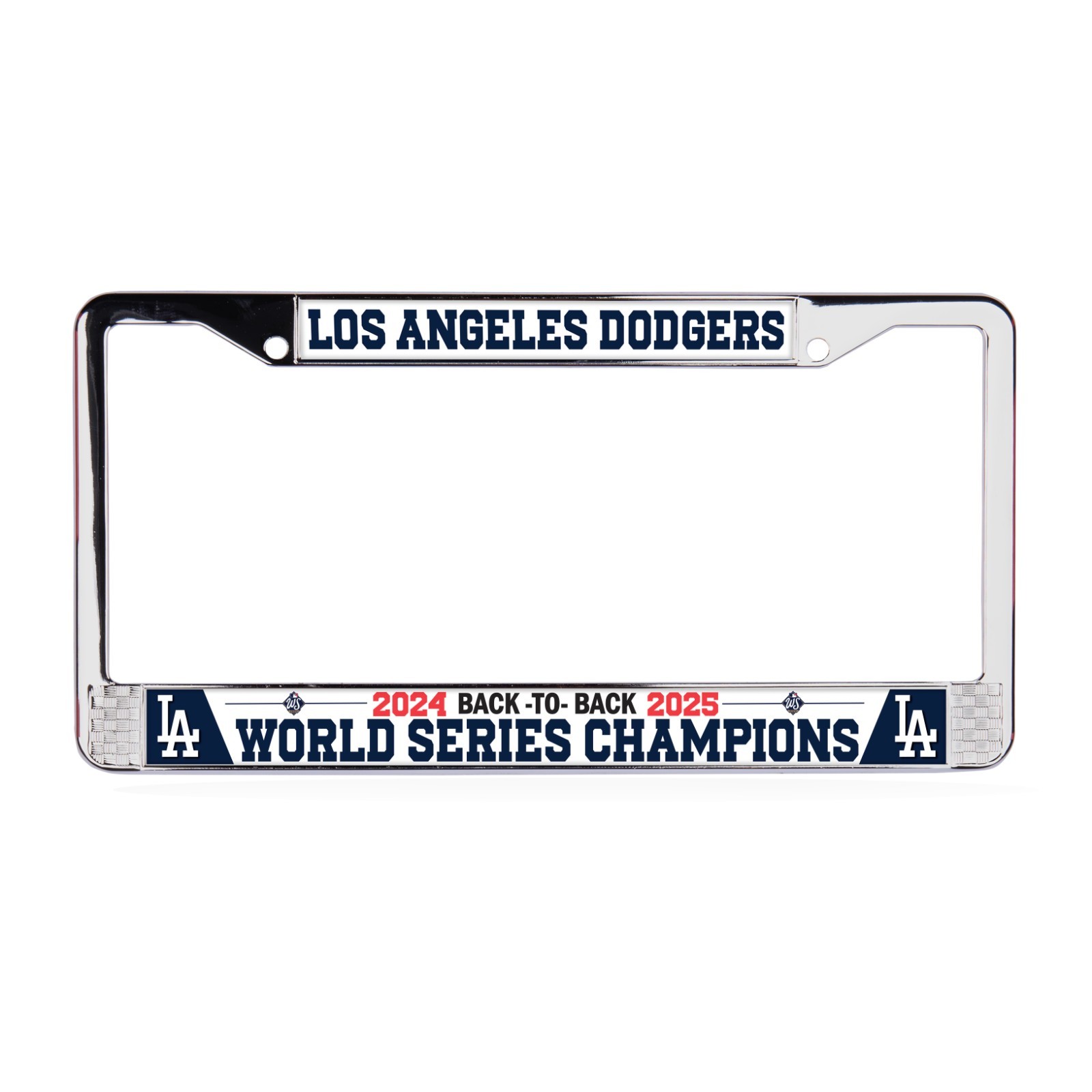 LA Dodgers Back to Back WS Champs Polyurethane 2-Hole Chrome Metal License Plate