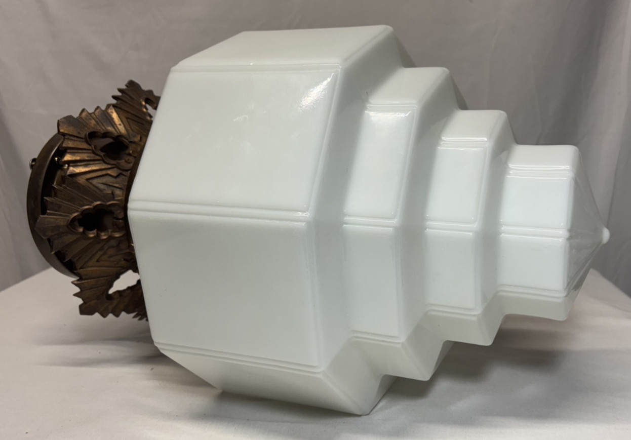 Skyscraper Light Fixture Ceiling Flush Brass Vtg Art Deco Glass Shade USA #L39