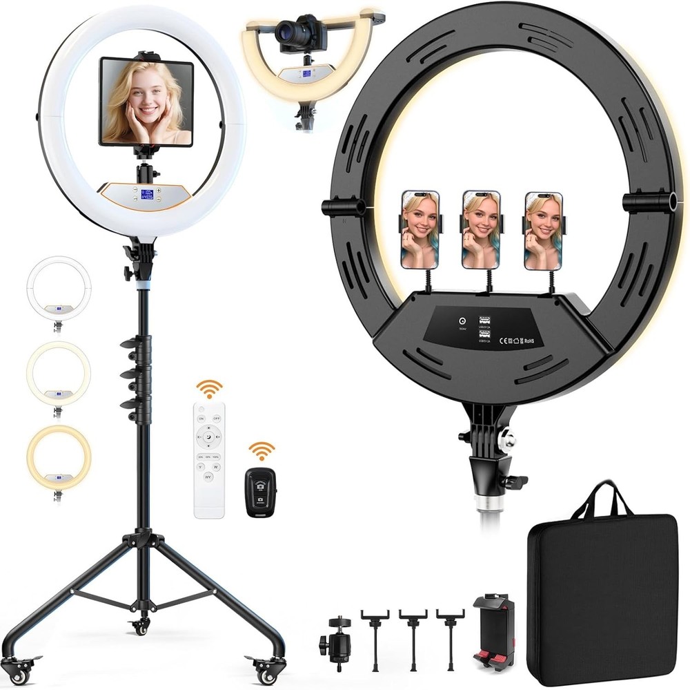 18" Foldable Ring Light with Stand for iPhone, camera 2USB 38W 6500k LED DISPLAY