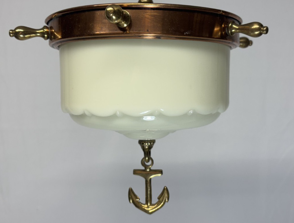 Vtg Nautical Light Fixture MCM Brass Anchor Closet Custard Art Glass Shade #L60