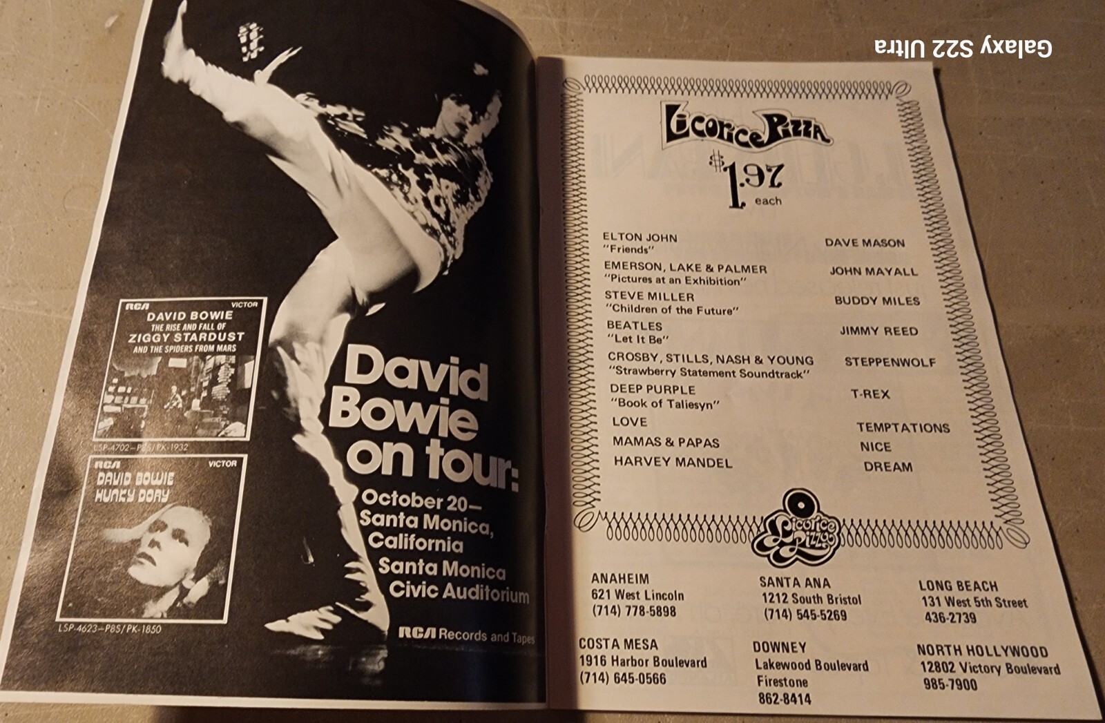 David Bowie Spiders from Mars 1972 TOUR PROGRAM Santa Monica Civic Frampton