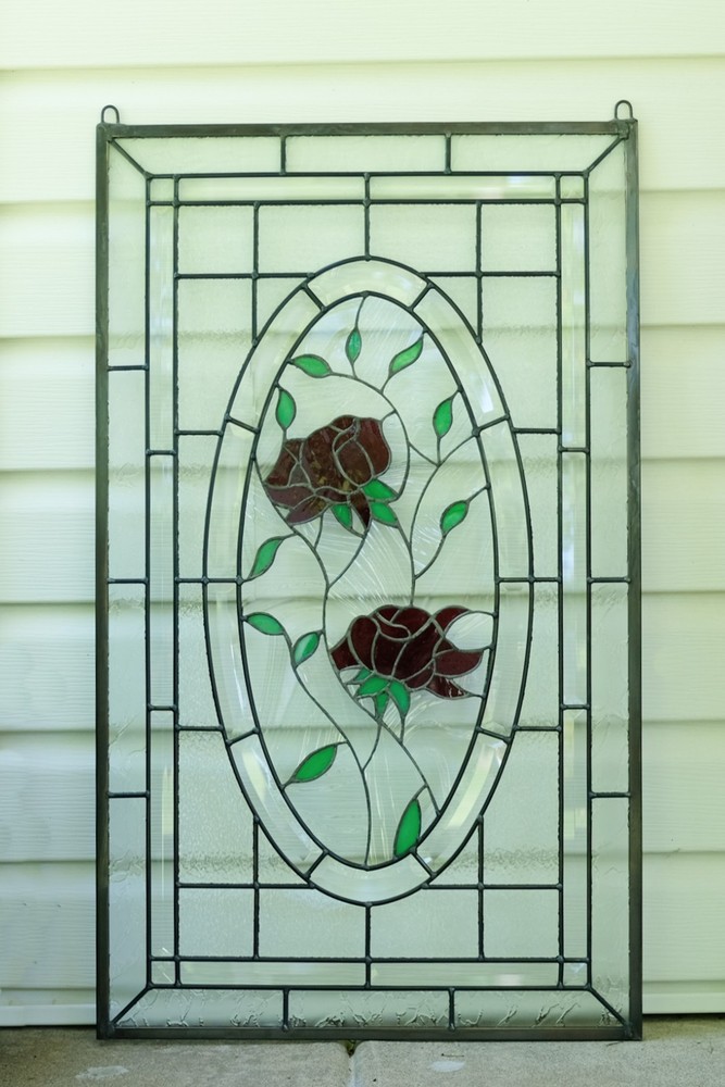 20" x 34" Stained Glass Window Panel rose blooming