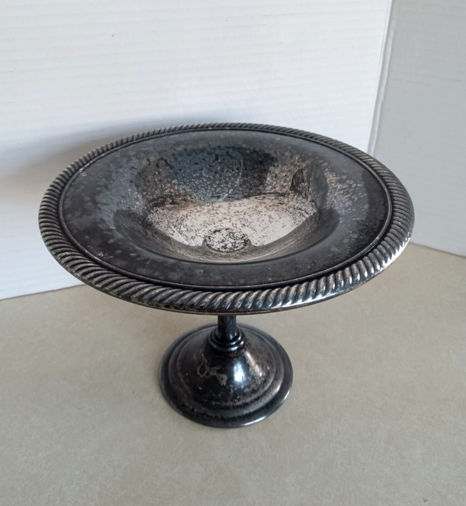 Vintage Silverplate Pedestal Compote Candy Dish Rope Edge  5” Tall Patina