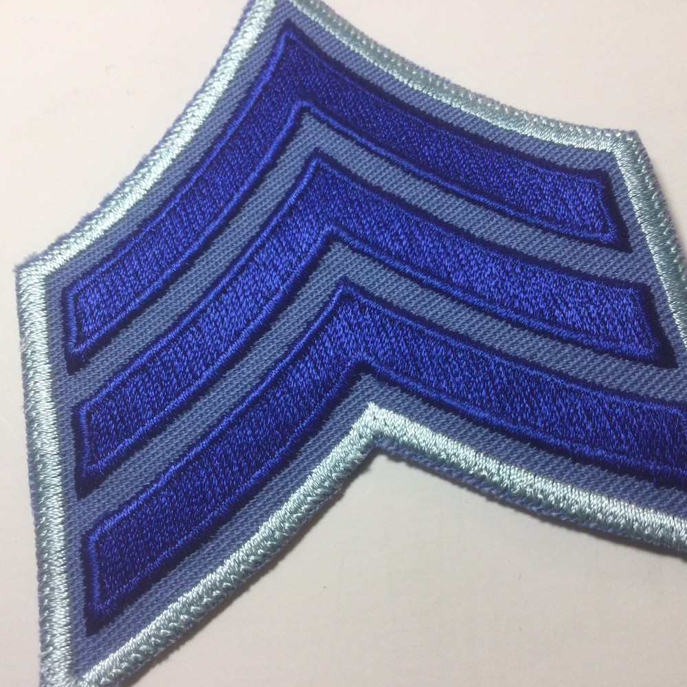(2) Sergeant Chevron - 3 ROYAL Stripes On BLUE Twill Patch (LIGHT BLUE Border)