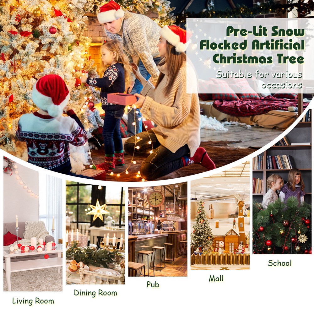 Topbuy Snow Flocked Christmas Tree Hinged Pine Tree with Solid Metal Stand