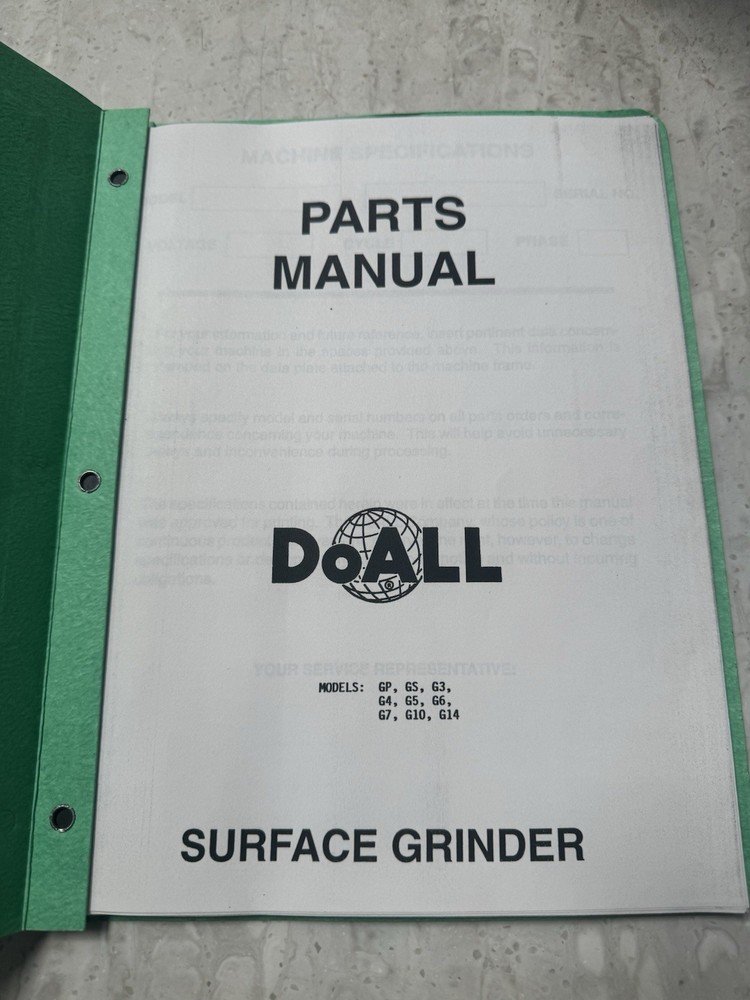 DoAll Model Surface Grinder Replacement Parts Catalog Manual Green