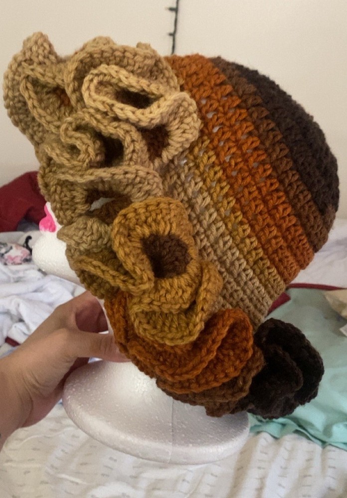 Handmade Crocheted Ruffled Hat Brown Tan Multicolor Unique Design