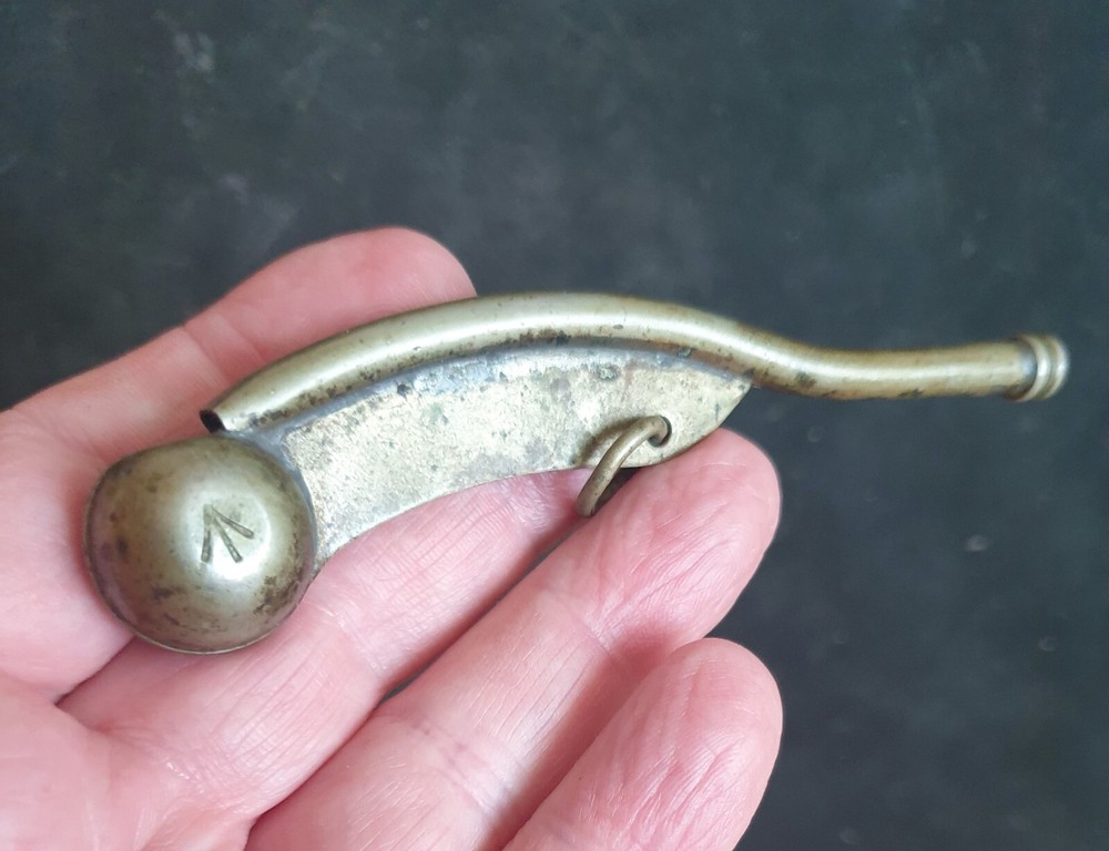 WW2 British RN Matelot's Bosun's Whistle, Duffel Bag Hasp & Lapel Badge 1939-45