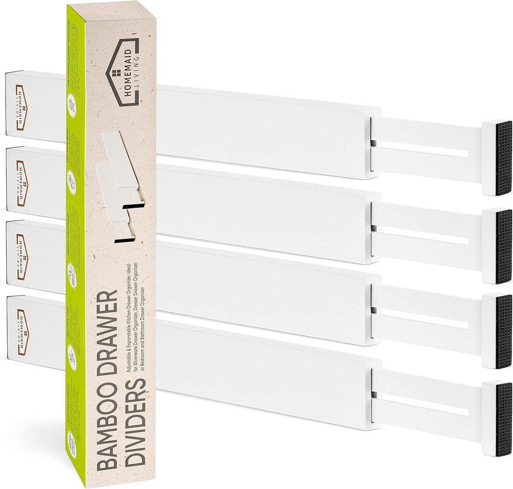 Bamboo Drawer Dividers, Adjustable & Expandable, 4 Pack, White, Kitchen, Bathroo