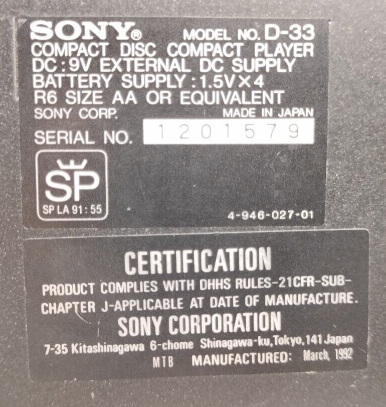 Sony Discman Model No. D-33 CD Compact Disc Player