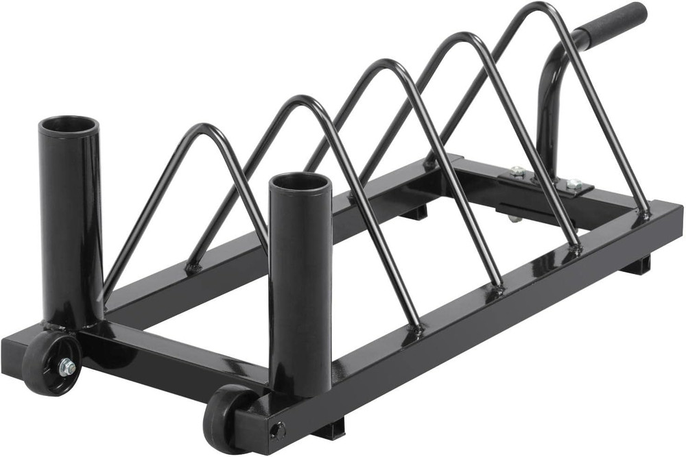 Olympic Barbell Bumper Plate Rack with Wheels & Handle - Black Storage Solution