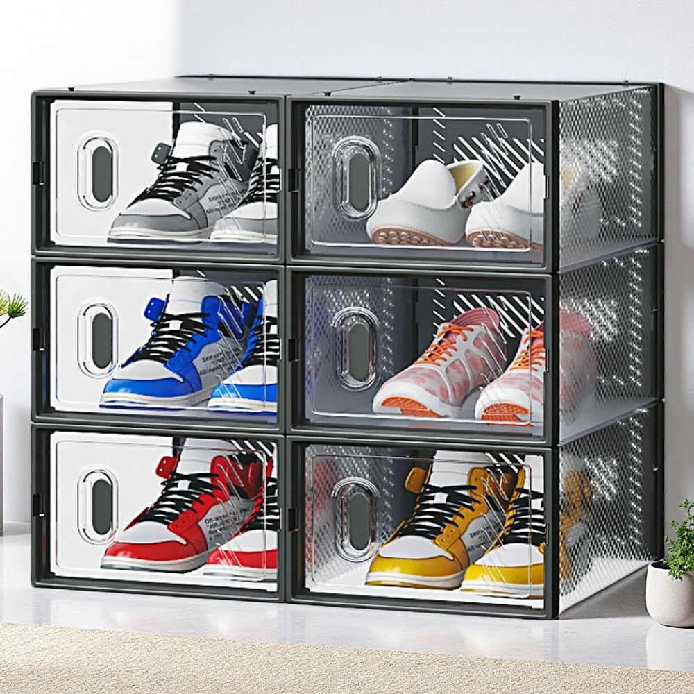 6-Pack Shoe Storage Boxes - Stackable, Plastic Mesh, Door, Black & Small Size