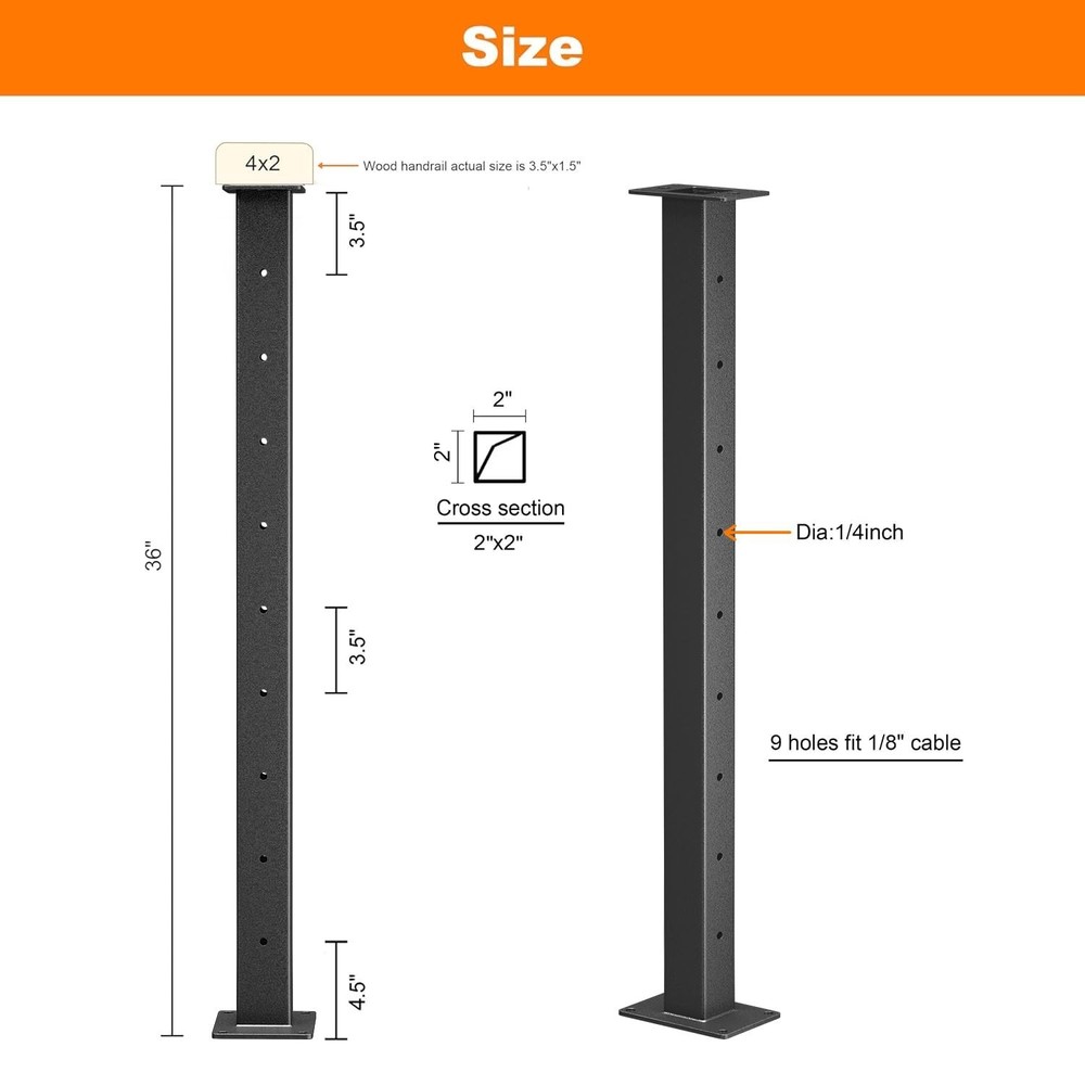 2 Pack Stainless Steel Cable Railing Post(2"×2") with 1/8 Cable Railing Kit
