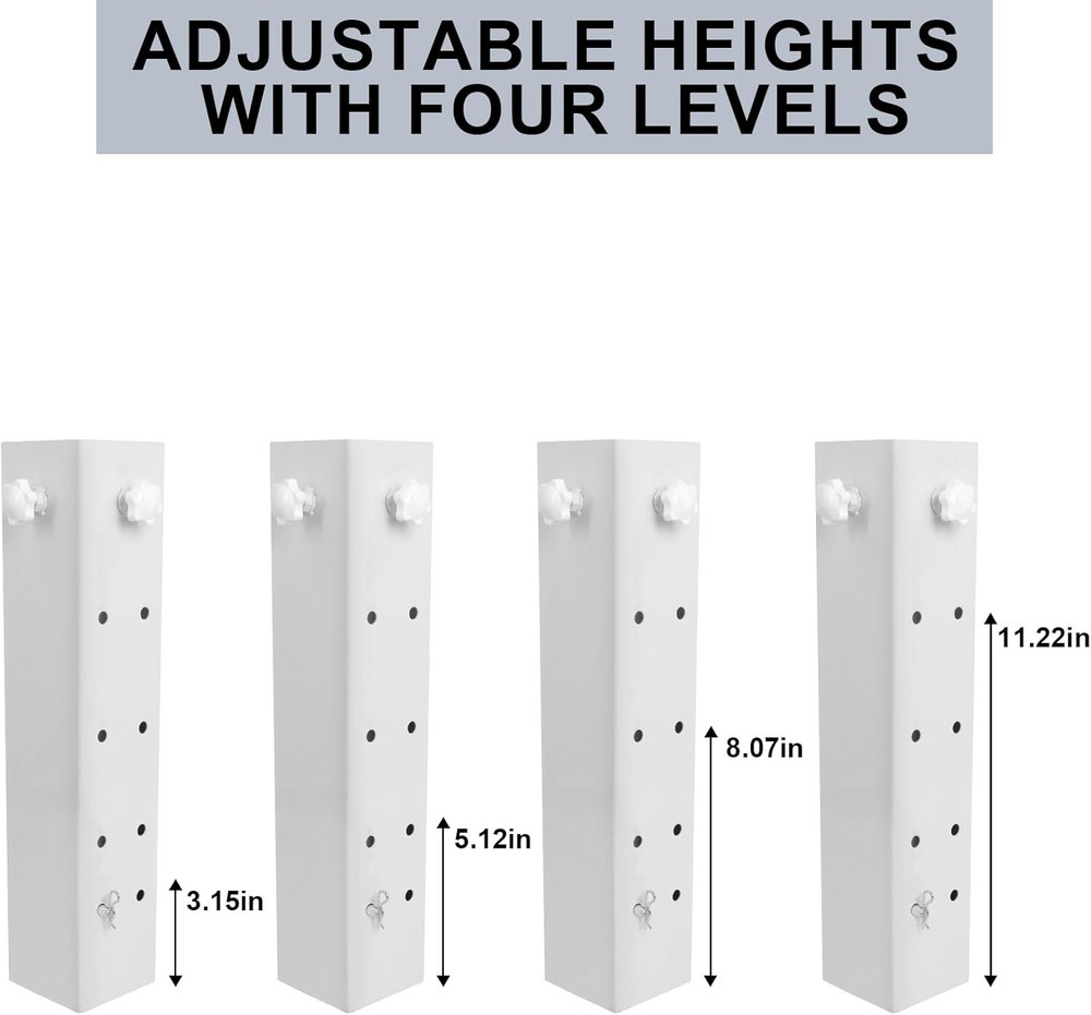 Bed Risers Heavy Duty 4 Pack White 3.15" Diameter Steel Material Adjustable