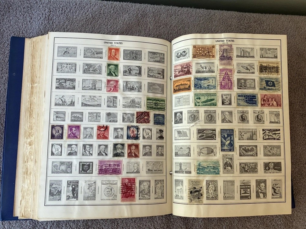 TWO (2) 1966 Ed. STATESMAN DELUXE STAMP ALBUMS W/SOME STAMPS~BOTH IN GREAT COND.