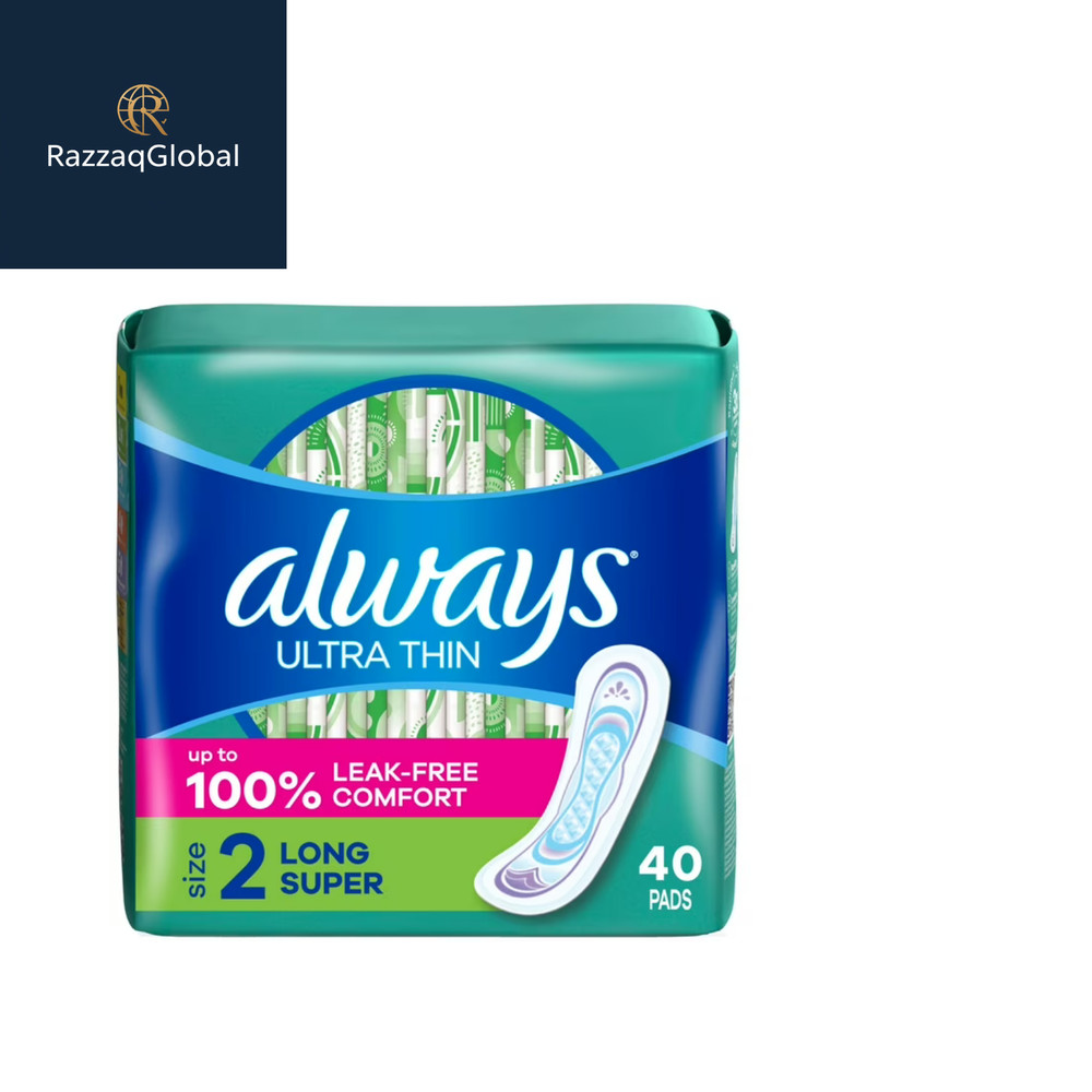 Always Ultra Thin Pads Without Wings, Size 2, Long Super Absorbency, 40 Count