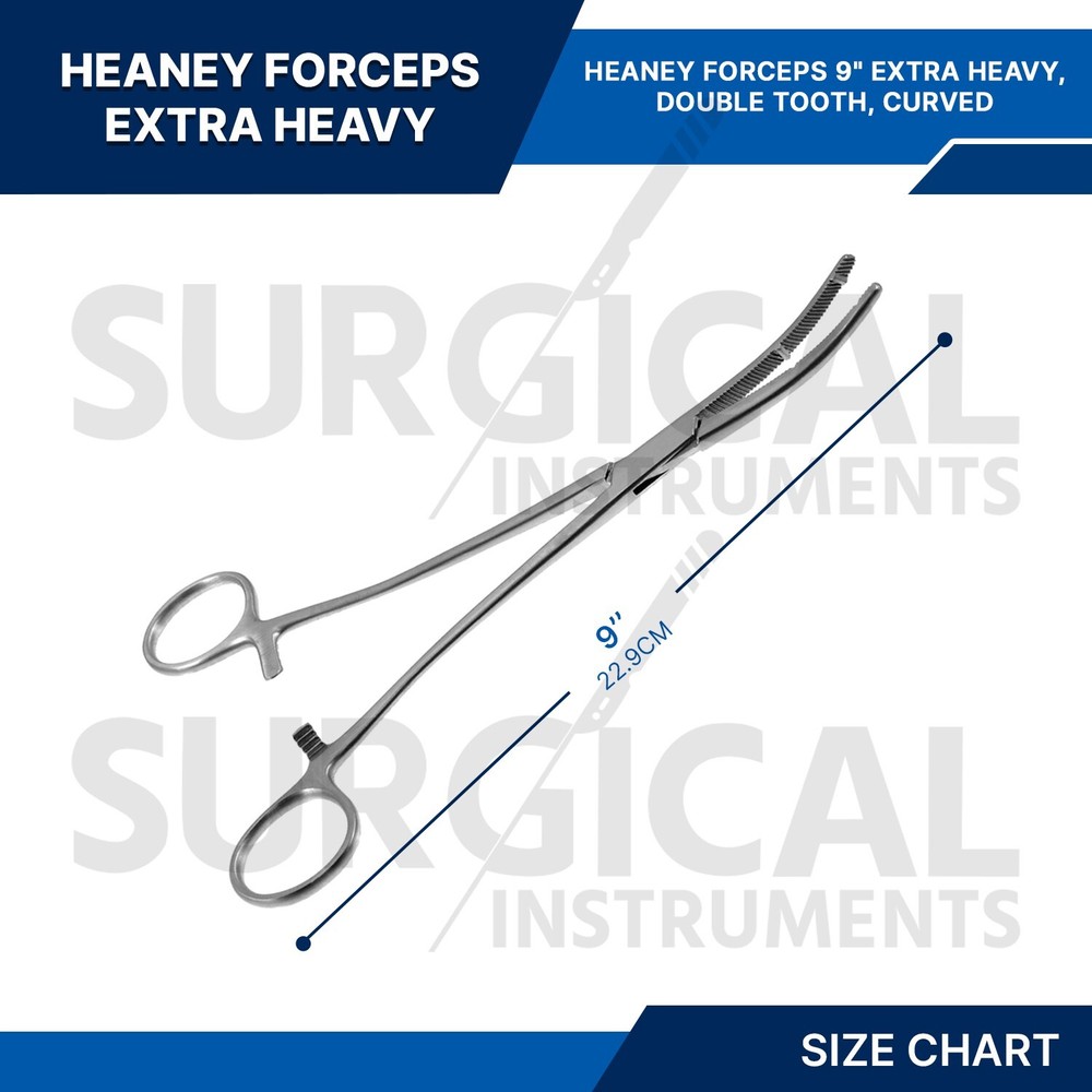 Heaney Forceps 9" Extra Heavy Pattern, Double Tooth, Curved German Grade