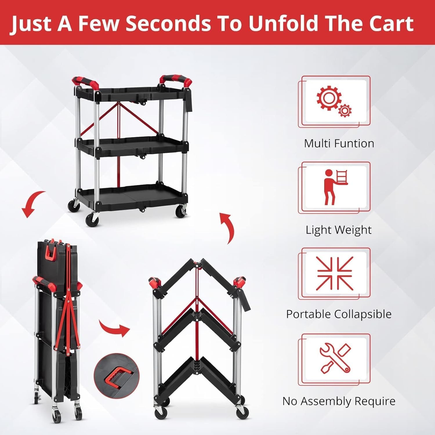 Collapsible Rolling Cart with Wheels, 3 Tier Rolling Utility Cart