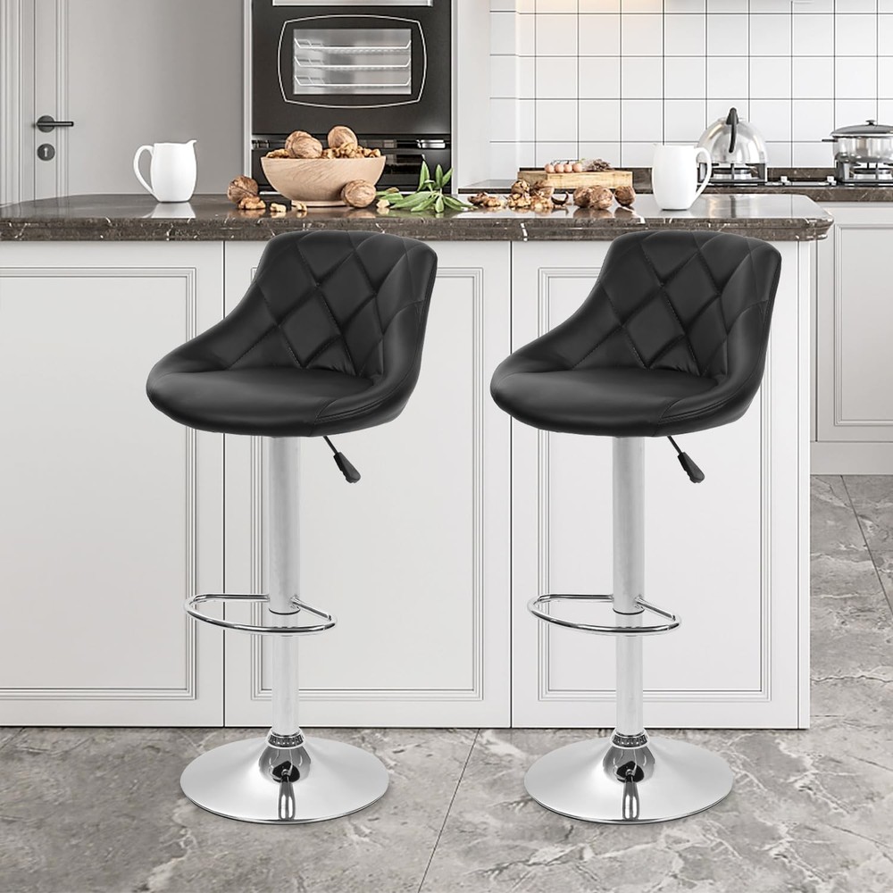 Height Adjustable Swivel Backrest Bar Stool Set PU Leather Black