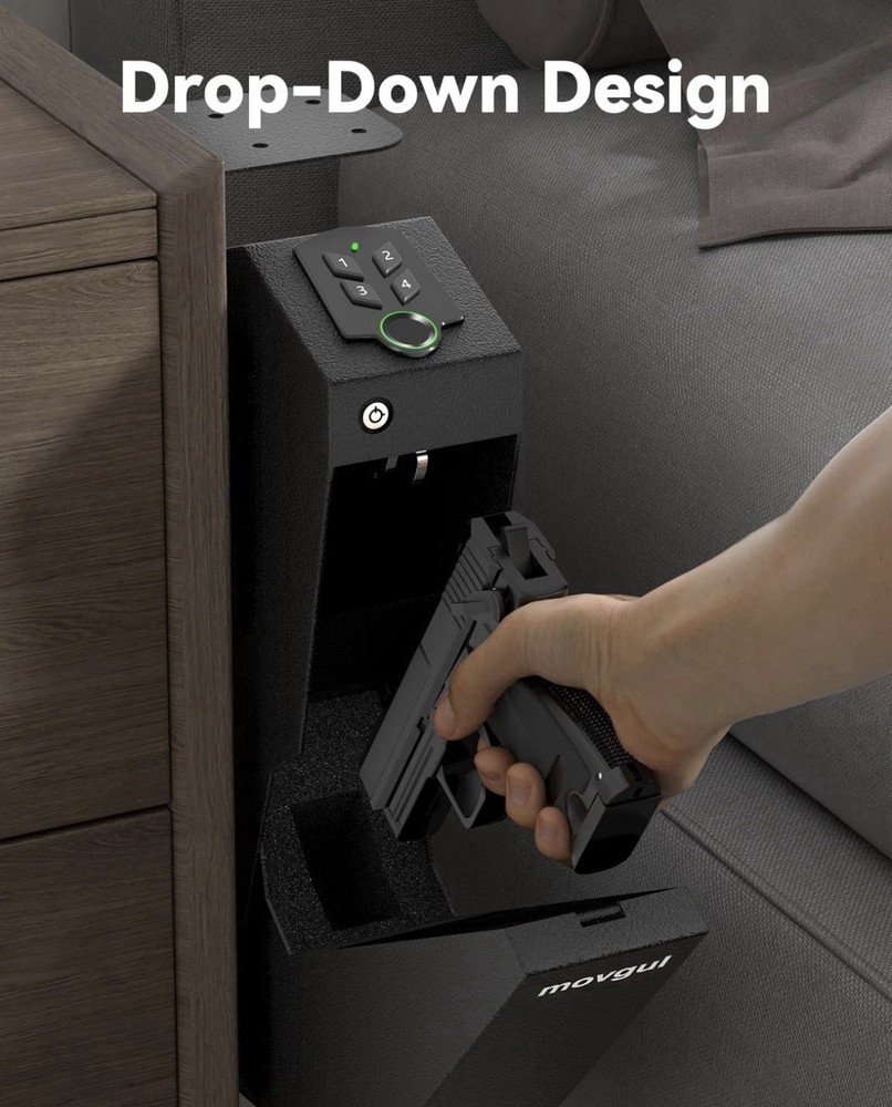Biometric Drop Down Gun Safe, Quick Access Handgun Safe for Bedside & Car