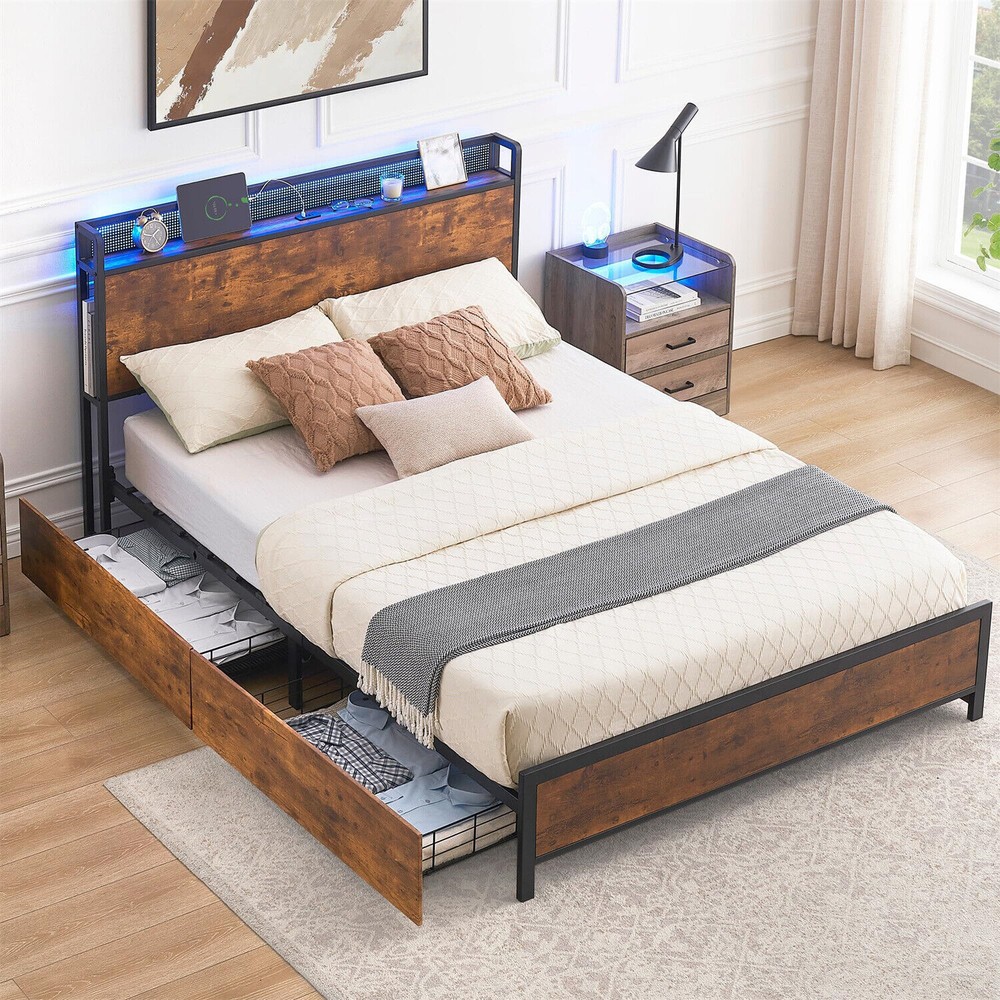 🔥Full Bed Frame with 4 Storage Drawers Metal Platform Bed Frame Headboard W/LED