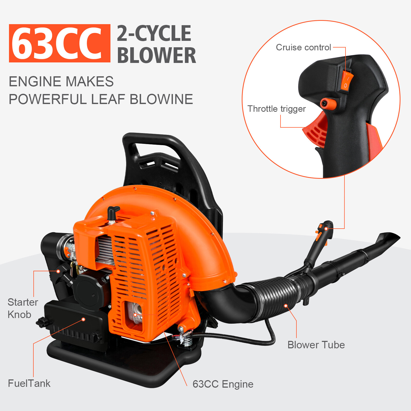 2024 New Upgraded 63CC 2-Stroke 665CFM 3HP Commercial Backpack Gas Leaf Blower