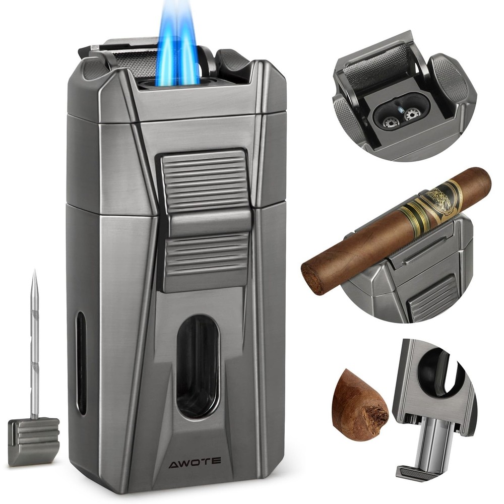 Cigar Lighter with Double Jet Flame, Refillable Cigar Torch Lighter with Ciga...