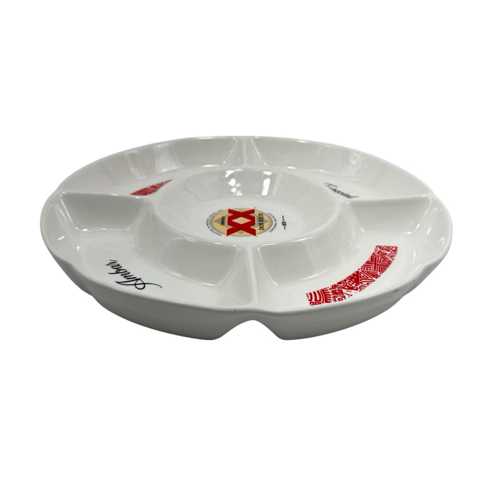 Dos Equis XX Branded Sectioned Serving Platter Heavy Ceramic White Snacks Dip