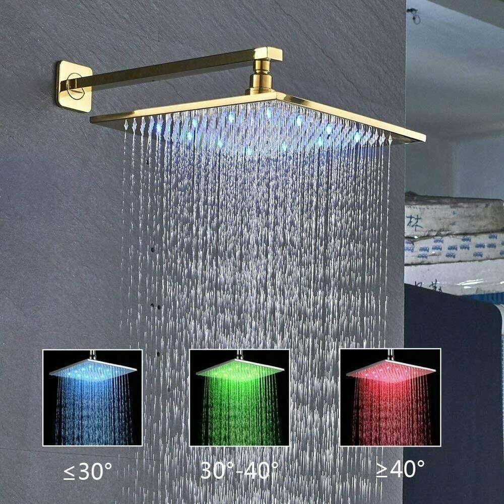 Gold Shower Faucet Set System Led 12" Rainfall Head Combo 3 Function Mixer Valve