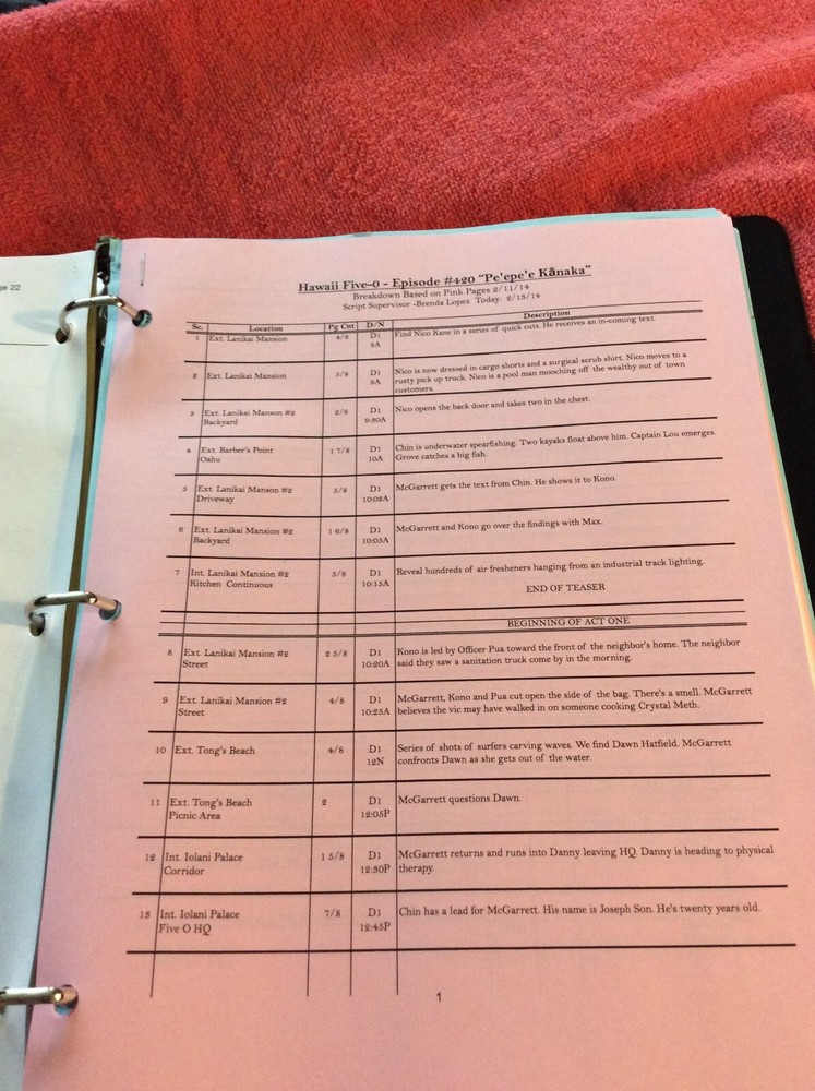 HAWAII FIVE-O ORIGINAL SCRIPT 420 SCHEDULE 2014 PE'EPE'E KANAKA DANIEL DAE KIM