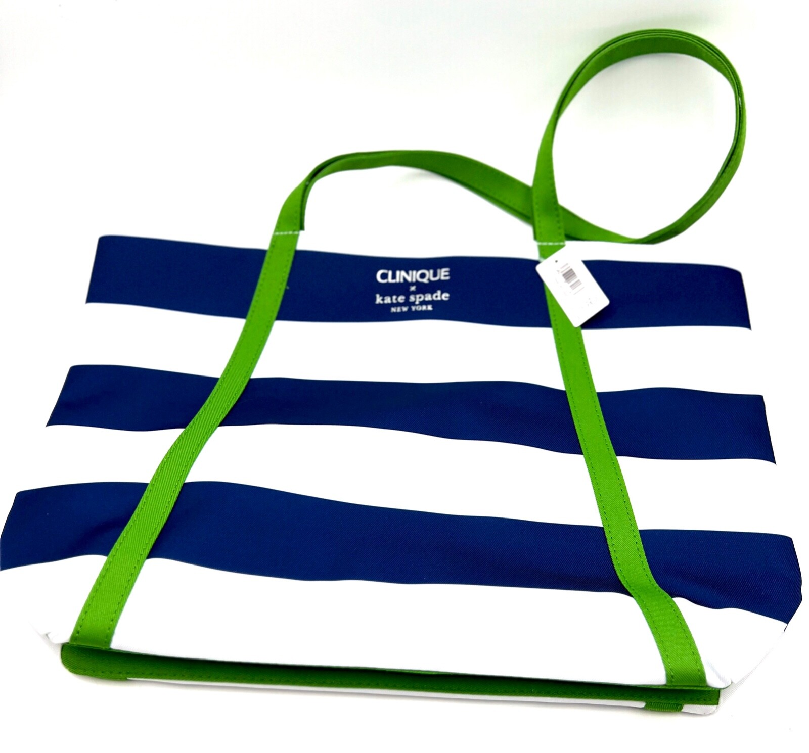 Clinique x Kate Spade Shopping Shoulder Tote Bag~Navy White Stripe~ Green Strip