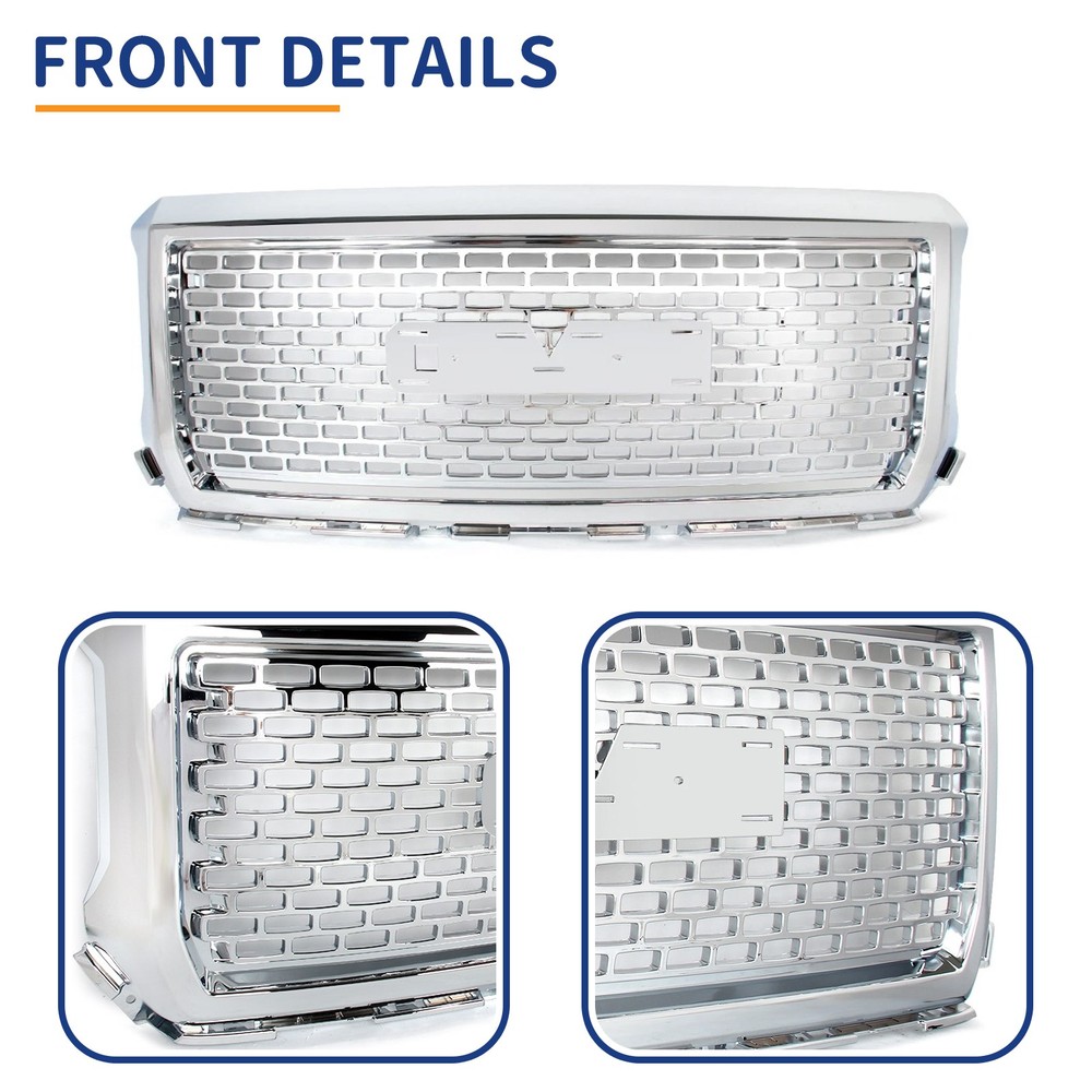 For 2014-2015 GMC Sierra 1500 Denali Style Front Bumper Hood Upper Grille Chrome