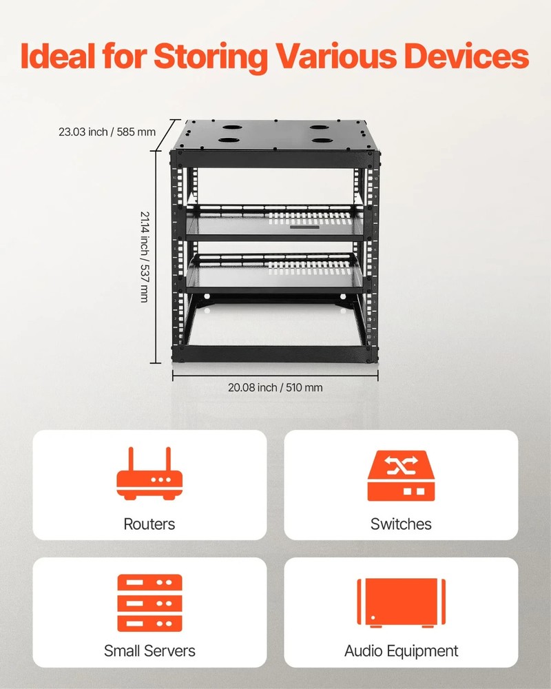 VEVOR 10U Open Frame Network Rack Wall Mounted Server Rack 4 Post with Shelves