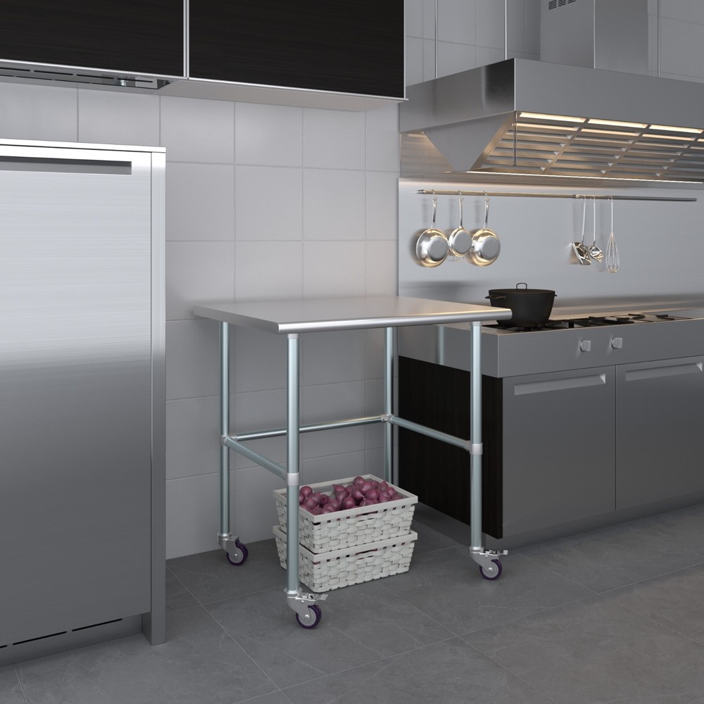 30 in. x 36 in. Stainless Steel Work Table Open Base & Wheels | Mobile Table