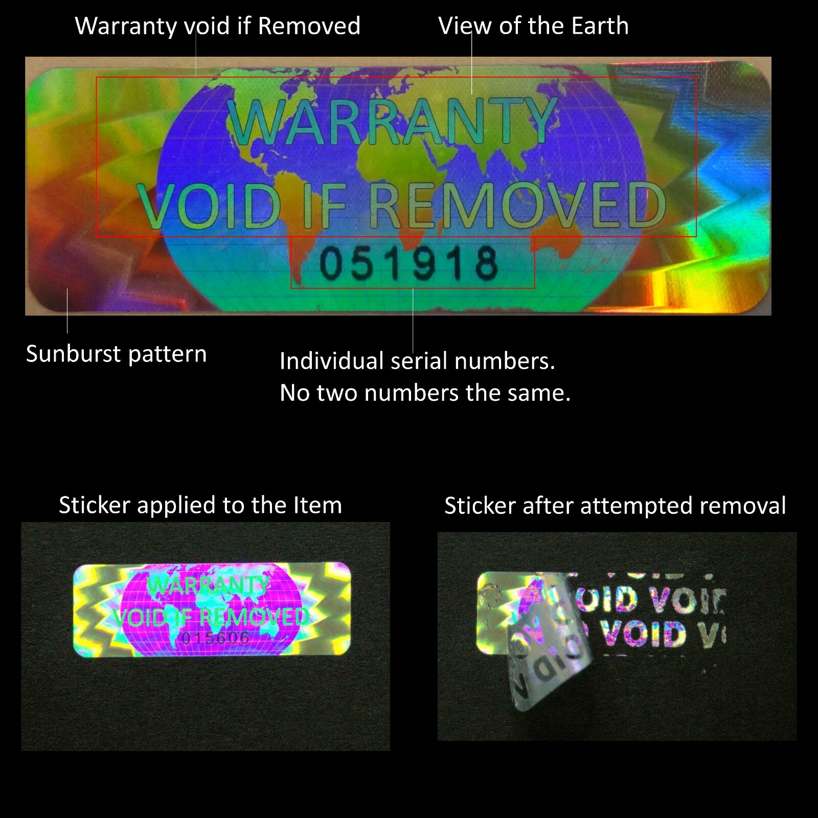 WARRANTY VOID IF REMOVED Tamper Proof Security Sticker (SERIAL NUMBERS) (AvR019)