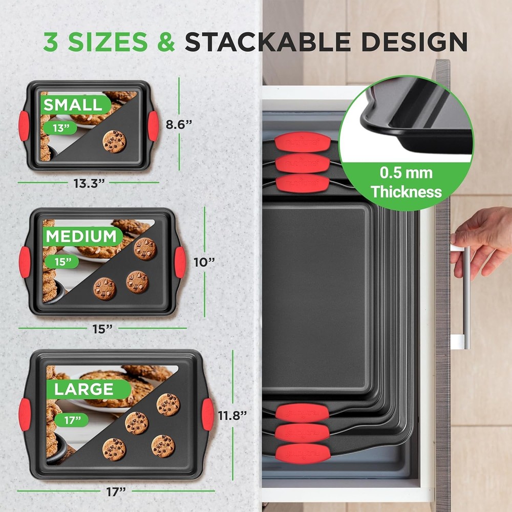 3PCS Kitchen Oven Baking Pans Nonstick Baking Sheets Set Metal Bakeware