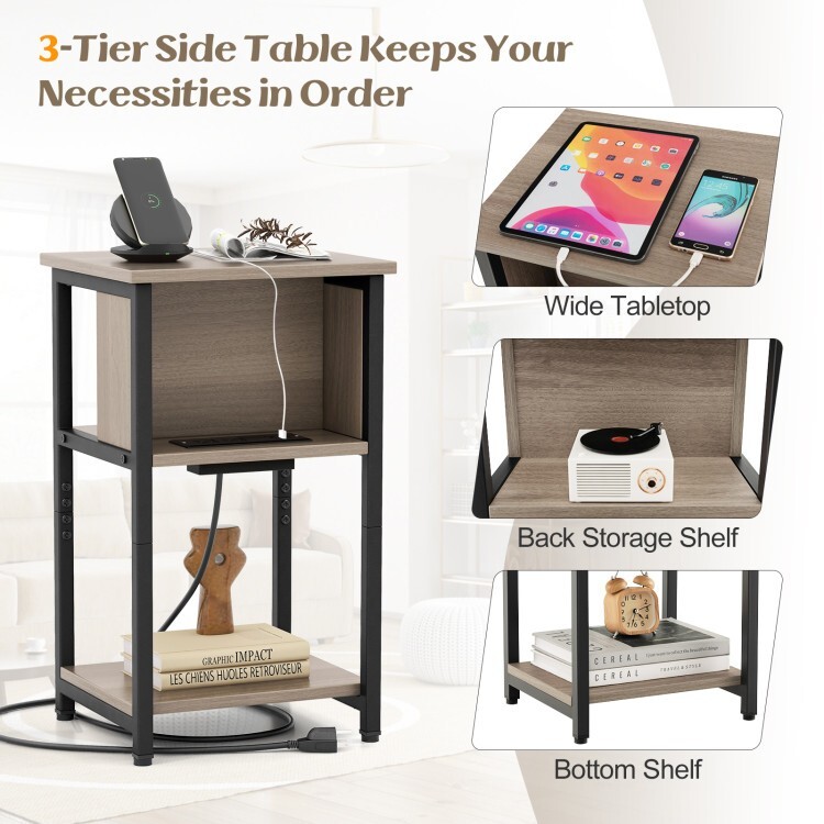 3Tier Side Table Modern Nightstand End Table Storage w/USB Ports & Power Outlets