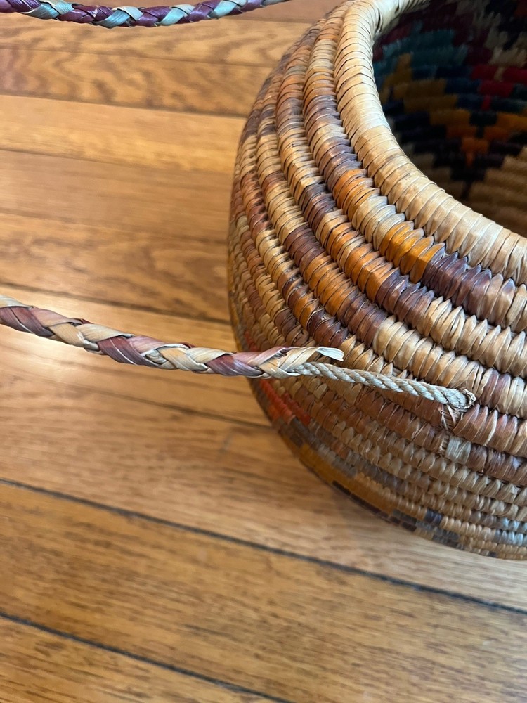 Handwoven Coil Basket w/ Handle Tribal Geometric Pattern Boho No Lid *Read