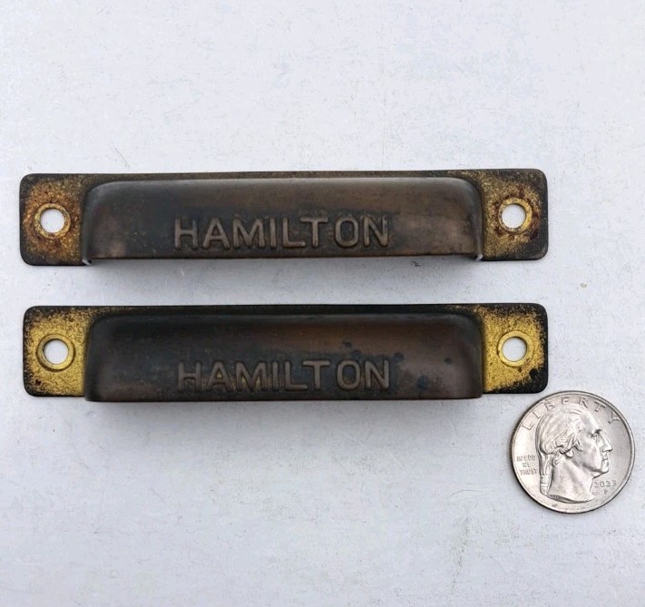 Antique Bin Pulls Drawer Printers Cabinet Hamilton Handle Brass Hardware Pair