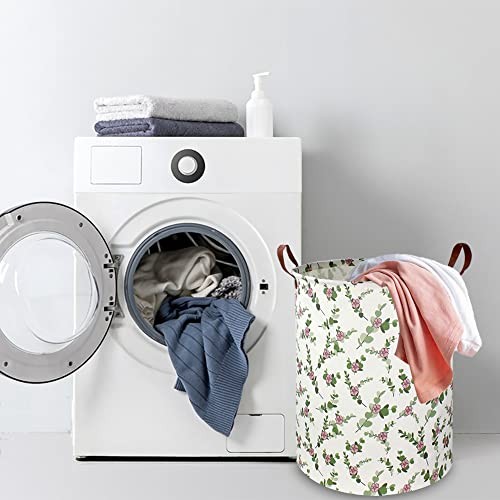 Large Round Canvas Linen Laundry Hamper,Waterproof Storage Eucalyptus leaves