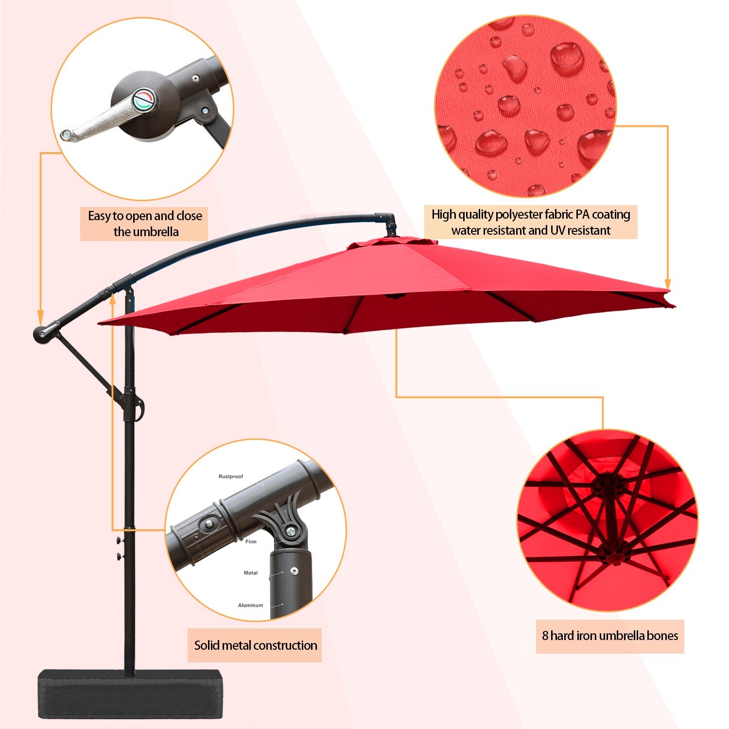 Aoodor 10ft Offset Patio Umbrella Cantilever Hanging Market Umbrella with Base