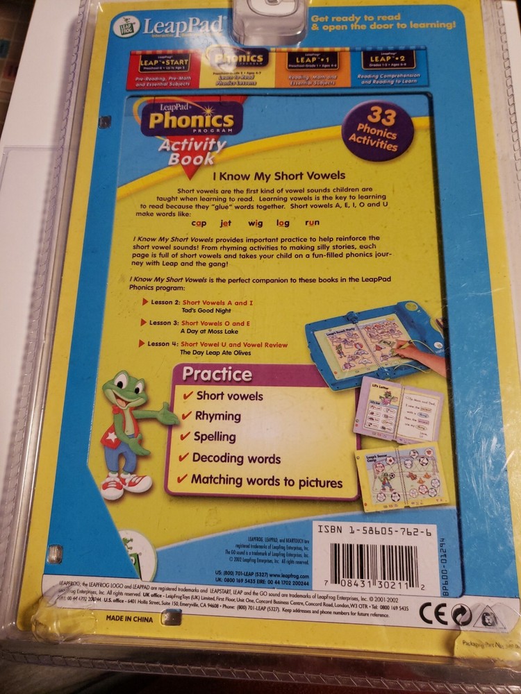 New Sealed LeapPad Phonics Short Vowels Cartridge & Interactive Book Learning