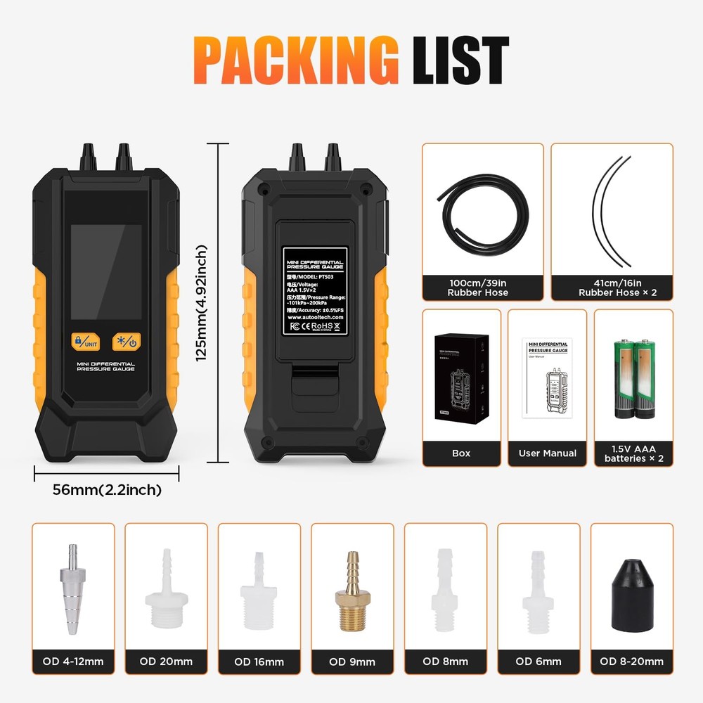 Digital Manometer -101~200kPa Gas Pressure Tester, Data Zero & Mini