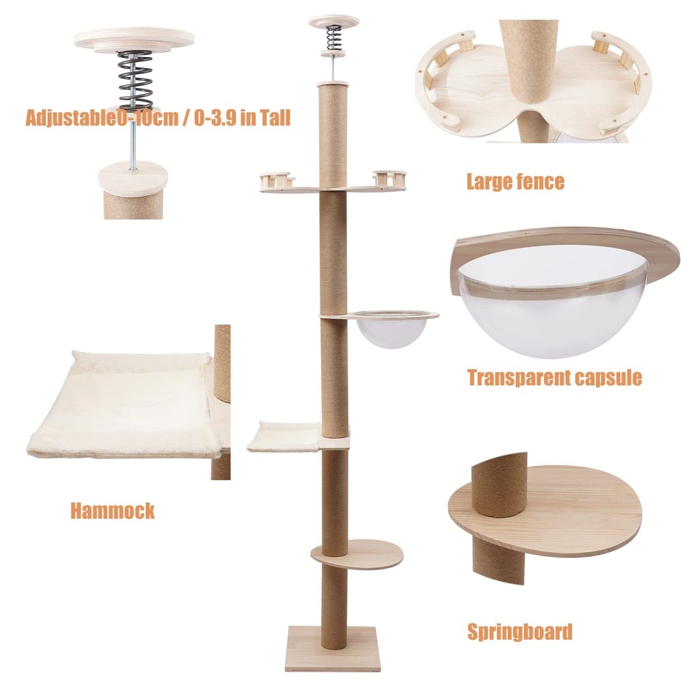 100-104 Inch Adjustable Cat Tree Tower Sisal Rope Scratching Post Multi-Level