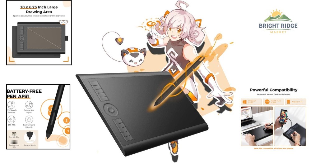 Graphics Tablet with 8192 Levels Pressure Sensitivity and Programmable Hot Keys