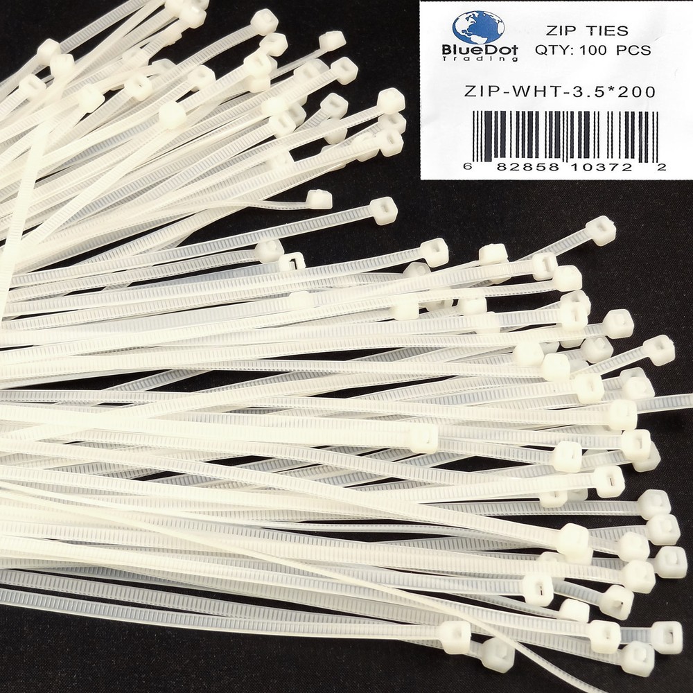 100 8" 3.5x200mm Nylon Plastic Wire Cable Ties Zip Wrap Loop Self Locking WHITE