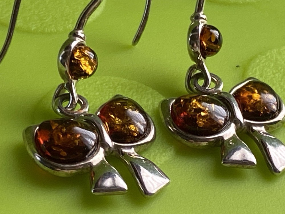 Серьги винтаж серебро, 925 проба, Камень Янтарь, Бантики