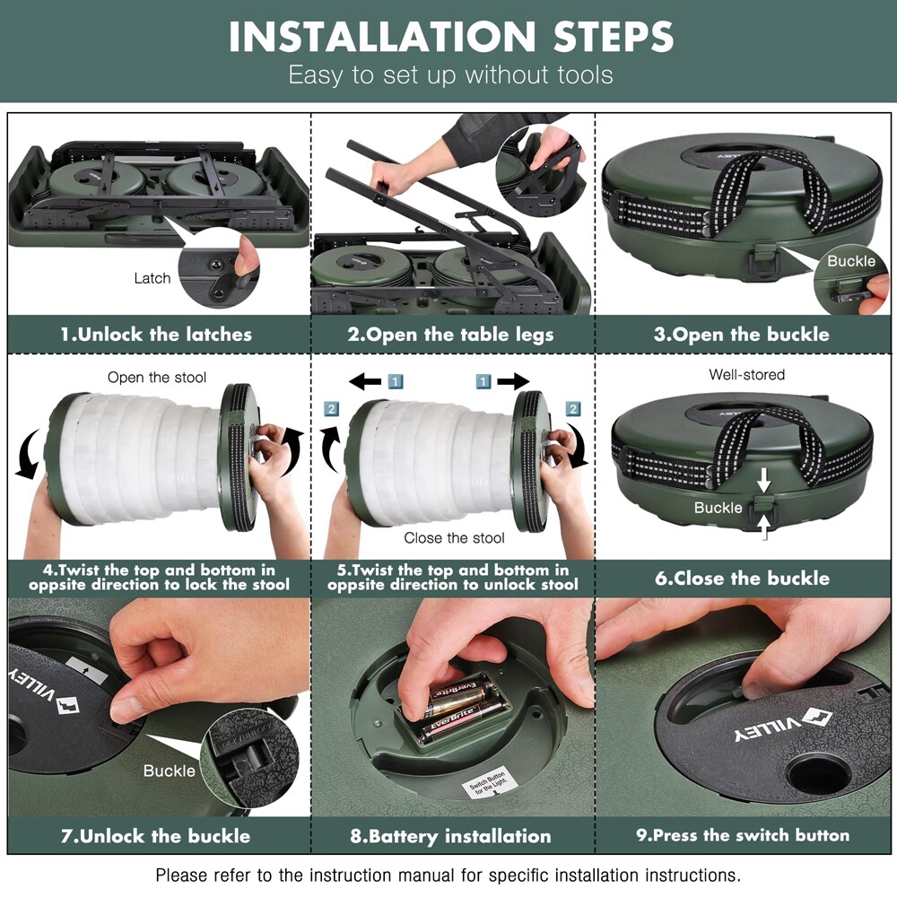 Portable Folding Camping Table Collapsible Stools Set Beach Table w/2PACK Stools